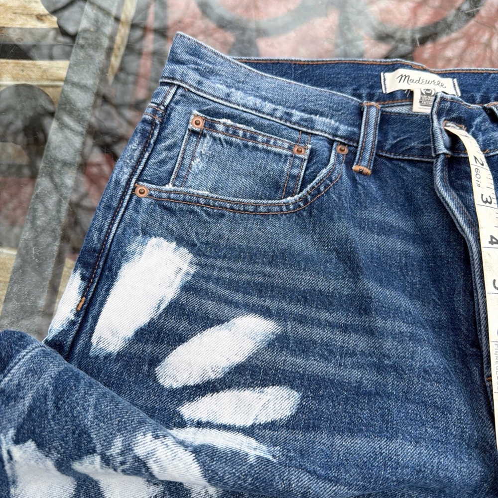 Women’s  Blue Straight-Leg Jeans with White Paint Floral Detail - Picture 6 of 11